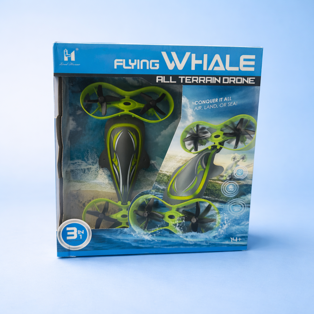 3-in-1 Flying Whale RC Drone Toy for Kids | Air Land Water Remote Control Premium Drone | All Terrain Stunt Quadcopter with Propeller Guard
