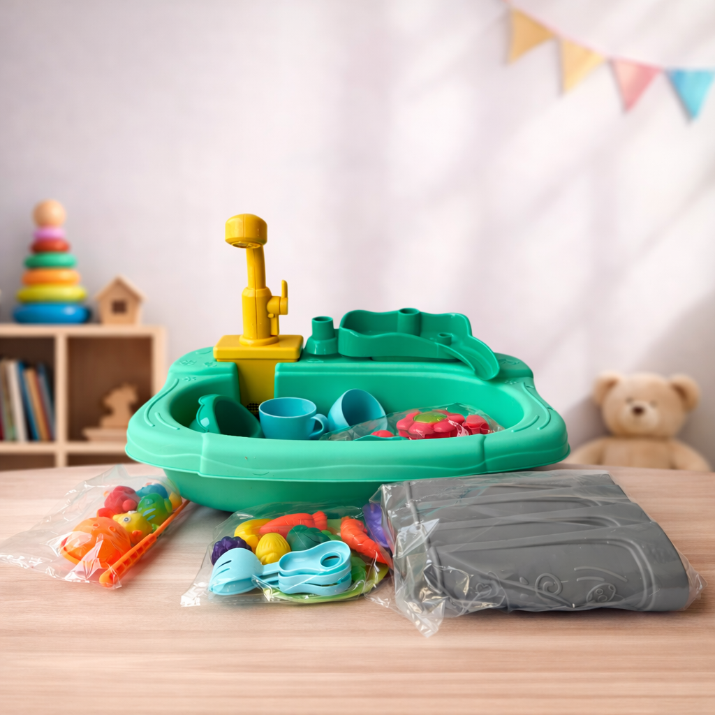 Kids Water Play Sink Toy with Running Water & Fishing Game | Flower Waterwheel Kitchen Set for Toddlers 3+