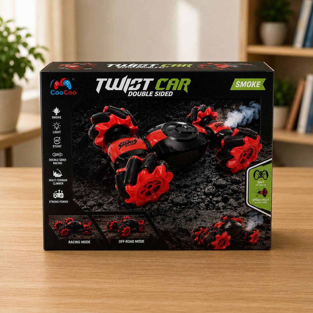 Twist Car Double Sided Remote Control Stunt Car with Smoke & Watch control, Drift & 360° Spin – Rechargeable RC Toy for Kids 3+