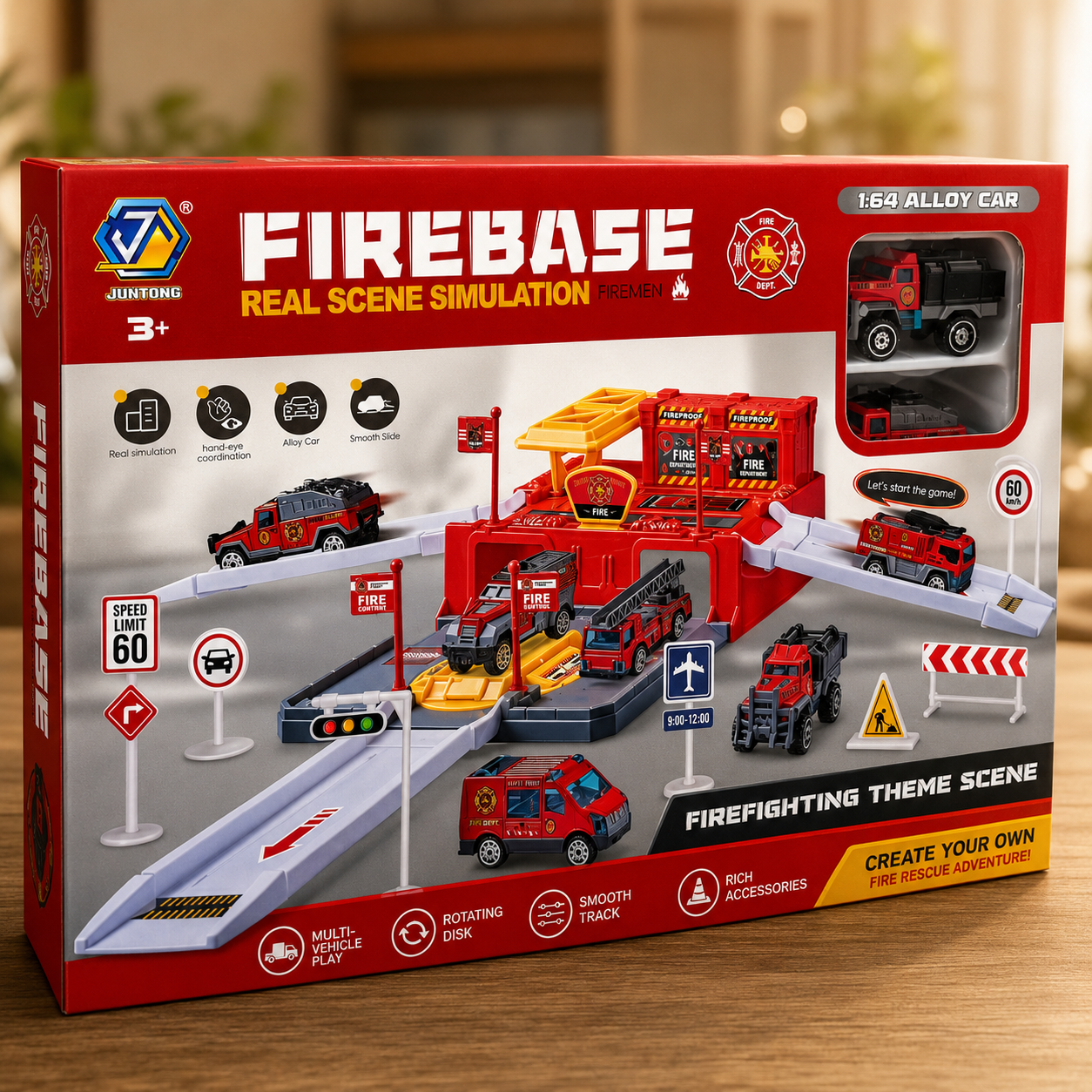 Firebase Firefighting Theme Scene Playset with Alloy Fire Trucks, Rotating Track & Rescue Station for Kids 3+