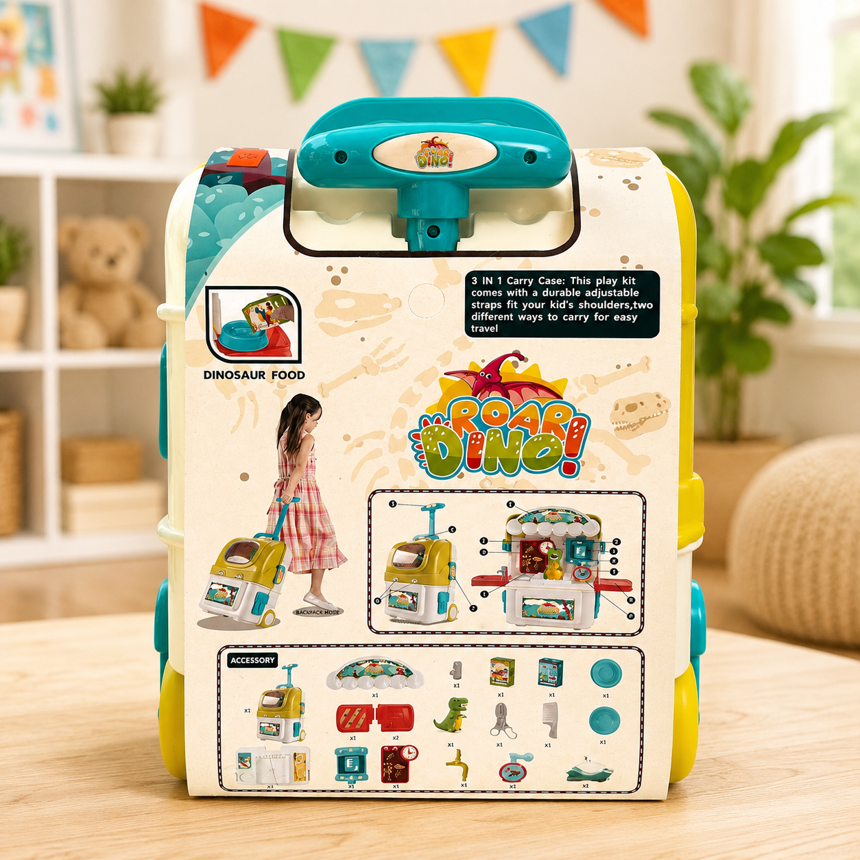 Roar Dino Dinosaur Ice-cream Trolley Play Set Backpack Trolley for Kids | 20-Piece Pretend Play Toy with Rolling Suitcase | Ages 3+