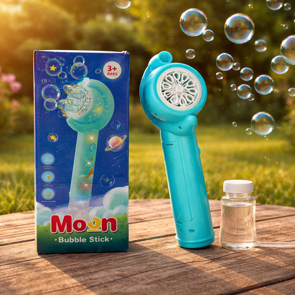 Moon Bubble Stick Toy with Light & Automatic Bubble Maker – Kids Bubble Gun Wand with Solution Bottle | Outdoor Fun Toy for Kids (3+ Years)