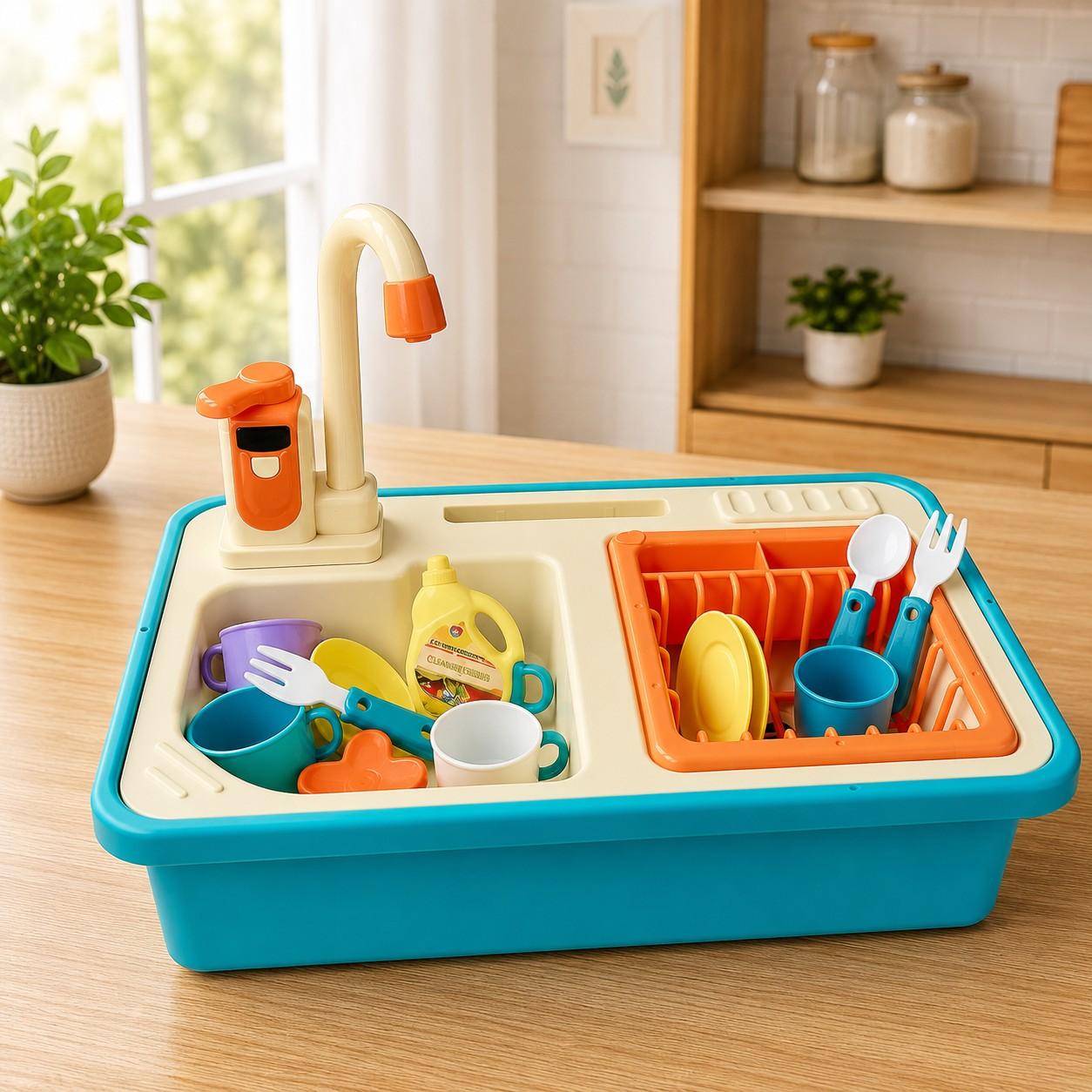 Kids Electric Kitchen Sink Toy with Running Water – Pretend Play Dishwashing Set with Faucet, Utensils & Accessories for Boys and Girls 3+ Years