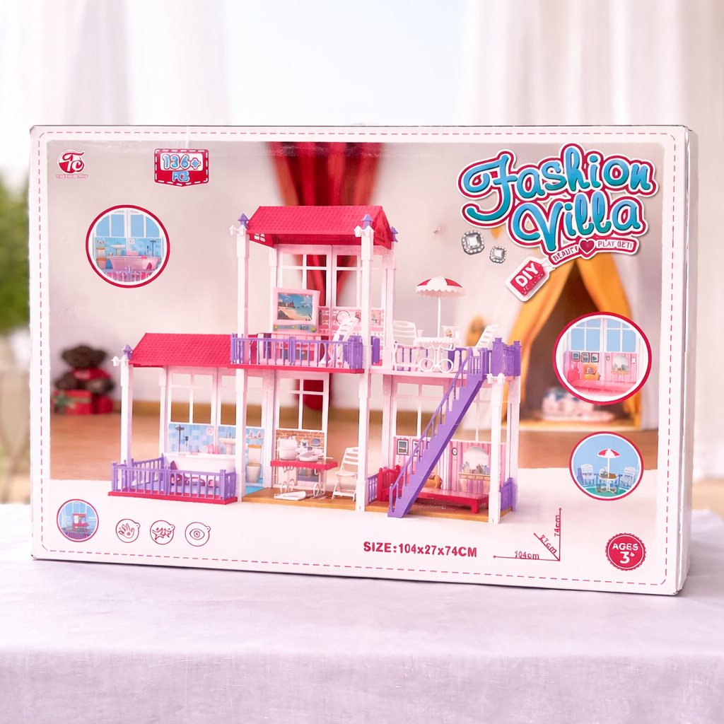 DIY Fashion Villa Doll House Set for Kids (136+ Pieces) – Large 3-Storey Dollhouse with Furniture & Accessories | Creative Play Set for Girls