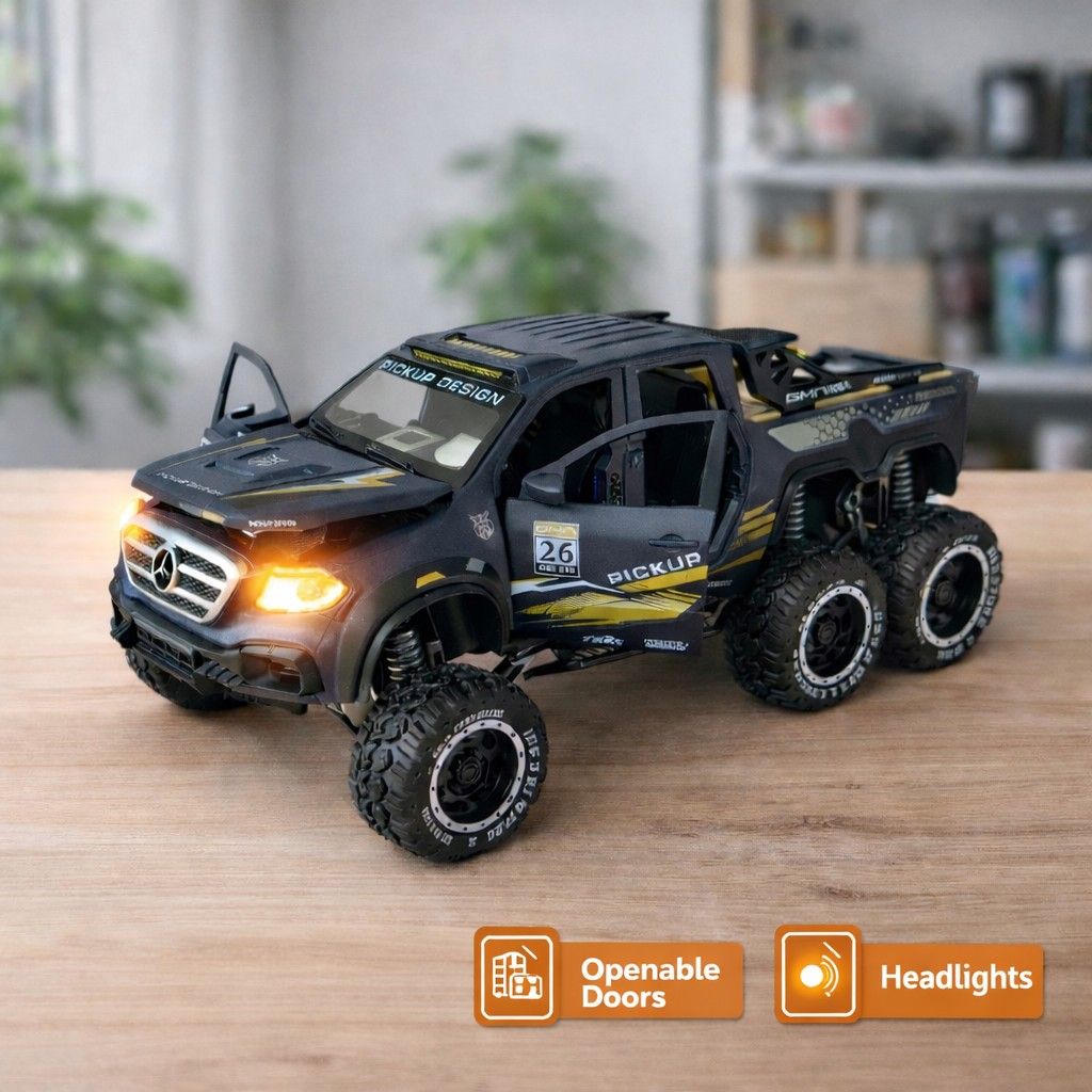6-Wheel Die-Cast Pickup Truck Toy Car | Alloy Model with Openable Doors, Lights & Sound, Off-Road Kids Toy Vehicle