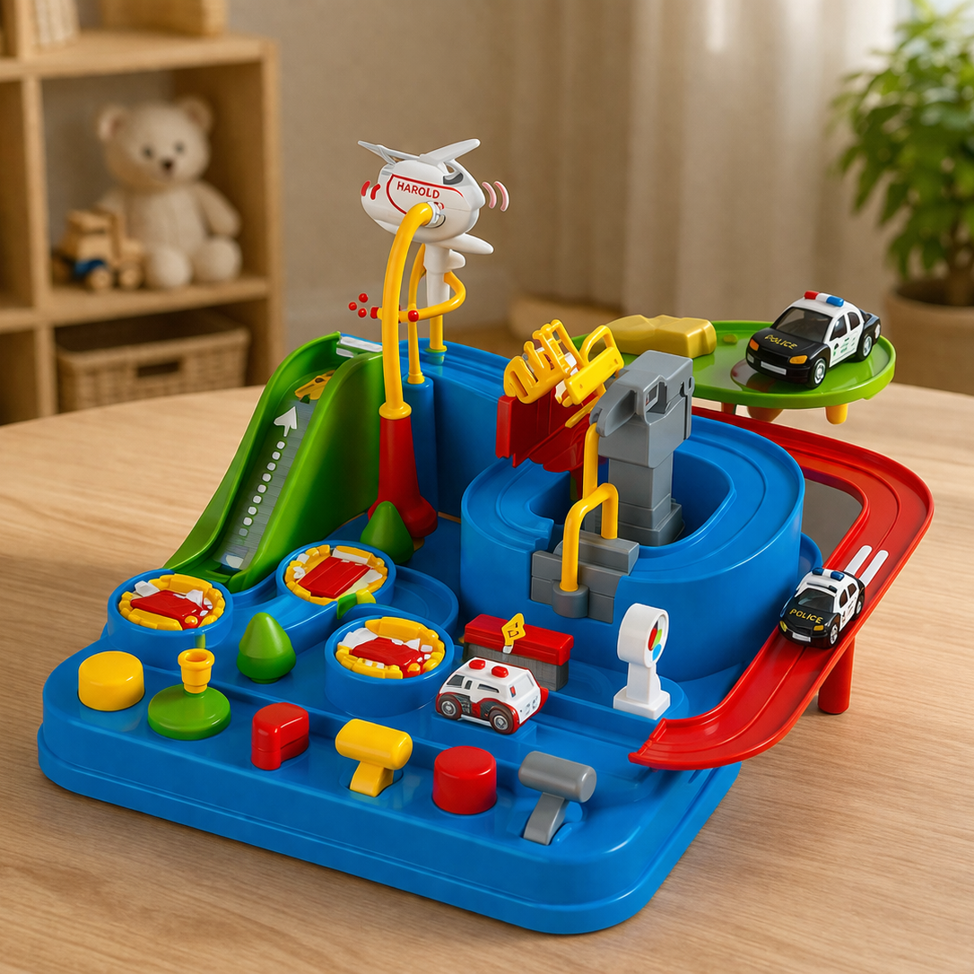 Funny Big Adventure Car Track Toy Set for Kids | Interactive DIY Parking Garage Playset with Cars, Buttons & Moving Parts