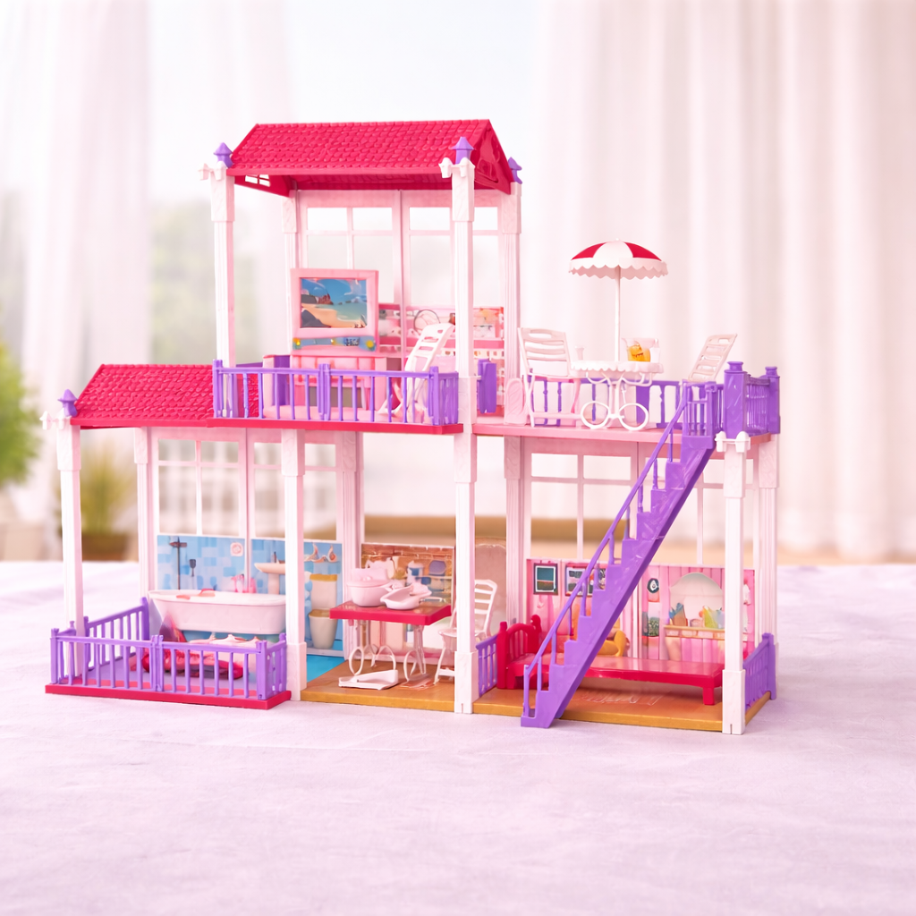 DIY Fashion Villa Doll House Set for Kids (136+ Pieces) – Large 3-Storey Dollhouse with Furniture & Accessories | Creative Play Set for Girls
