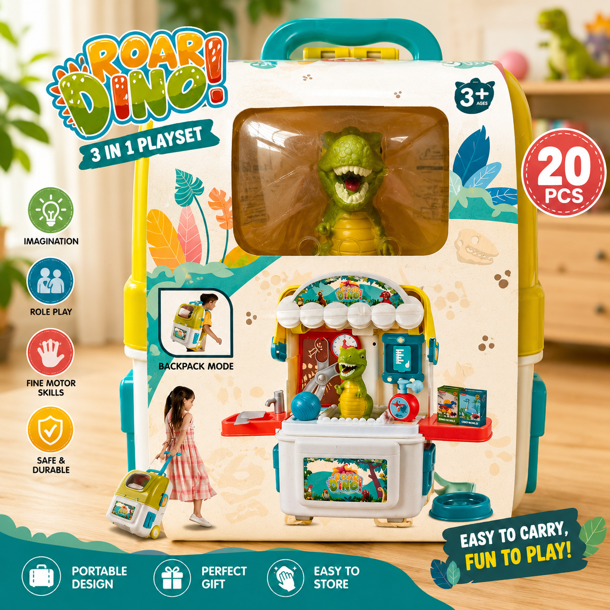 Roar Dino Dinosaur Ice-cream Trolley Play Set Backpack Trolley for Kids | 20-Piece Pretend Play Toy with Rolling Suitcase | Ages 3+