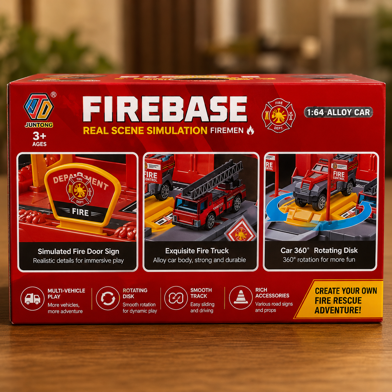 Firebase Firefighting Theme Scene Playset with Alloy Fire Trucks, Rotating Track & Rescue Station for Kids 3+
