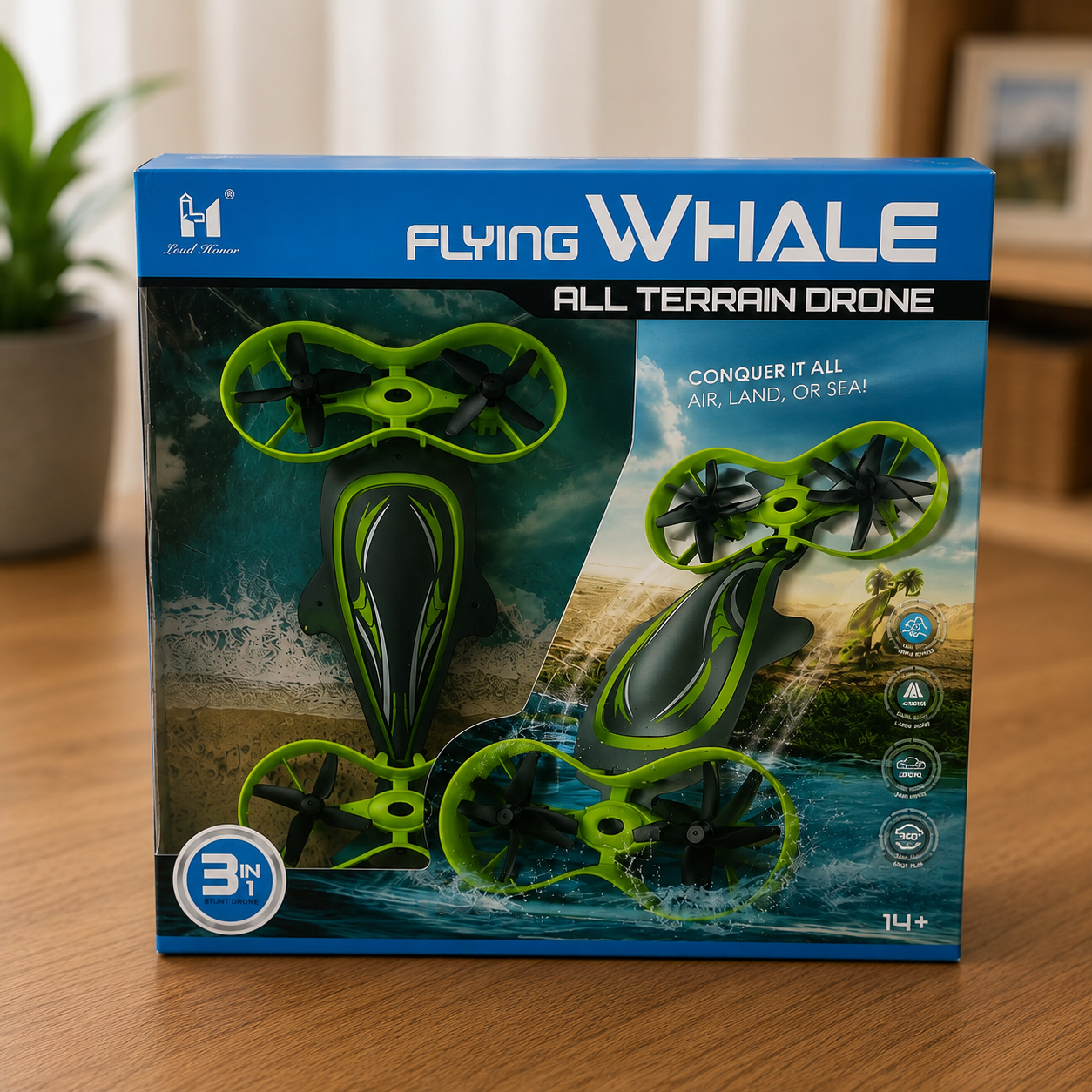 3-in-1 Flying Whale RC Drone Toy for Kids | Air Land Water Remote Control Premium Drone | All Terrain Stunt Quadcopter with Propeller Guard
