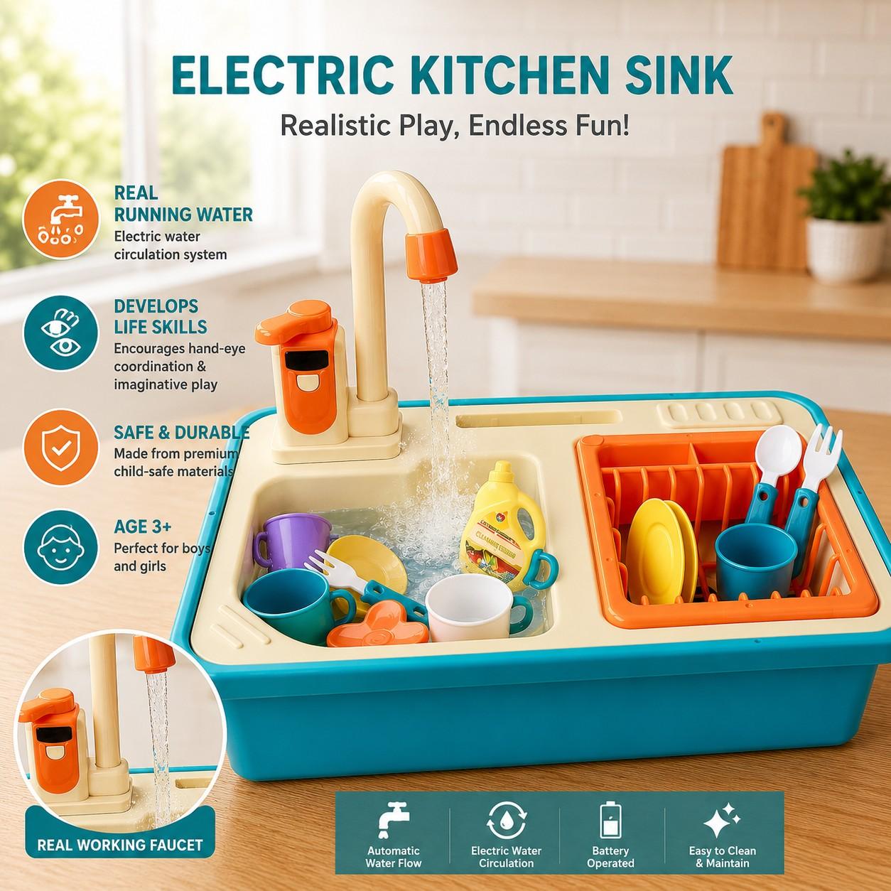 Kids Electric Kitchen Sink Toy with Running Water – Pretend Play Dishwashing Set with Faucet, Utensils & Accessories for Boys and Girls 3+ Years