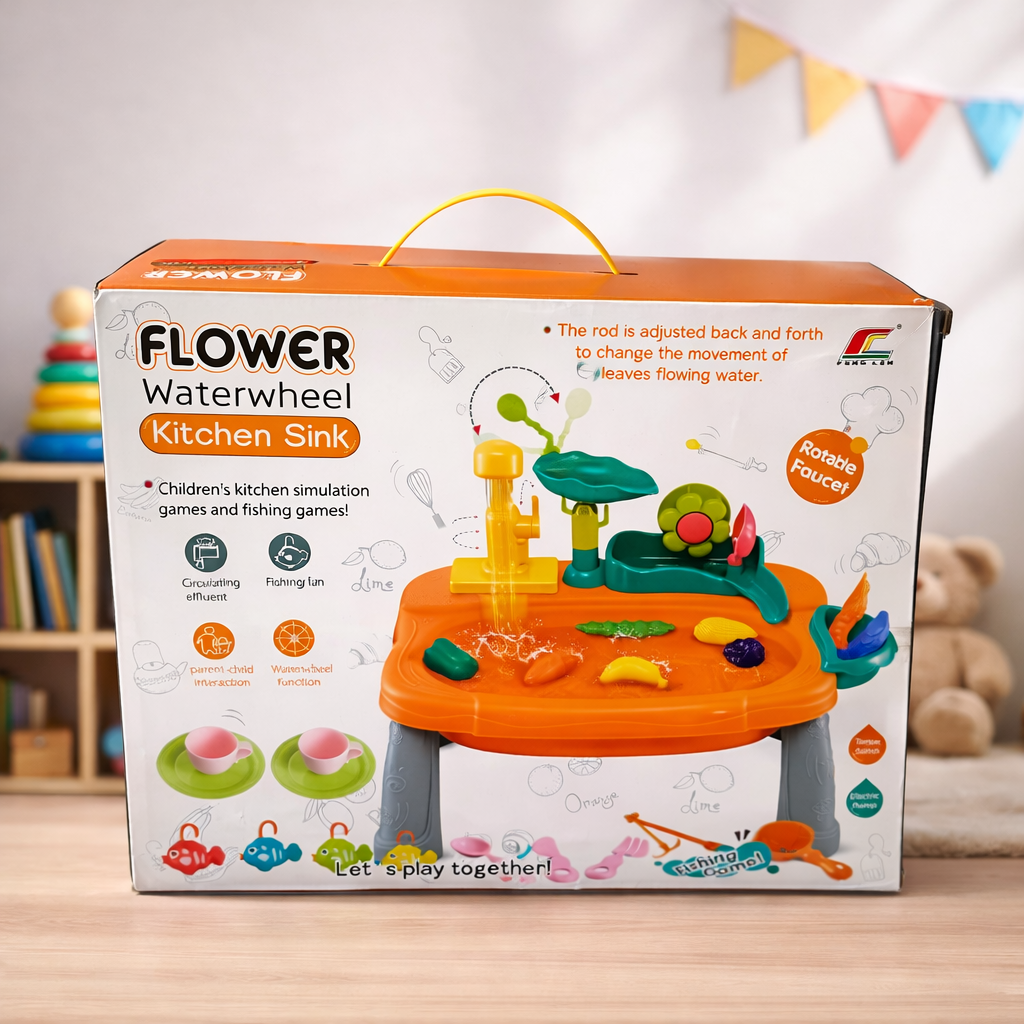 Kids Water Play Sink Toy with Running Water & Fishing Game | Flower Waterwheel Kitchen Set for Toddlers 3+